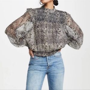 Free People Top Roma Snake Print Long Sleeve Sheer Chiffon Blouse New Size S